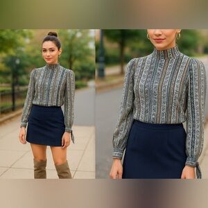 Free People Mock Neck Printed Top | Navy & Beige | Stretchy